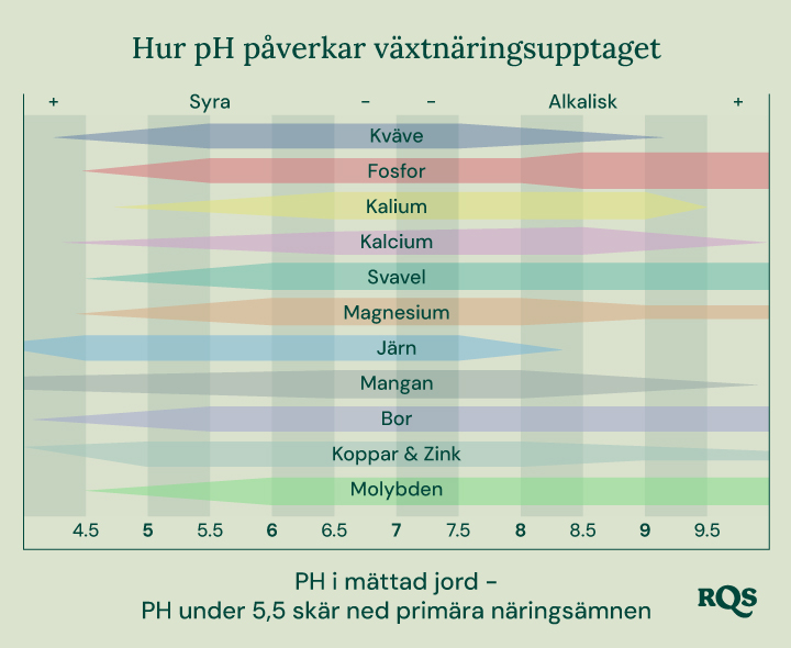 Stångdiagram som visar hur jordens pH (från 4,5 till 9,5) påverkar tillgången på näringsämnen som kväve, fosfor, kalium, kalcium, svavel, magnesium, järn, mangan, bor, koppar, zink och molybden.