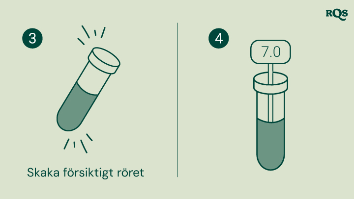 Instruktioner för att testa pH i jord: Skaka försiktigt provröret och jämför vätskan med en tabell för att bestämma jordens pH. Bilden visar ett provrör med pH 7,0, vilket indikerar neutral jord.