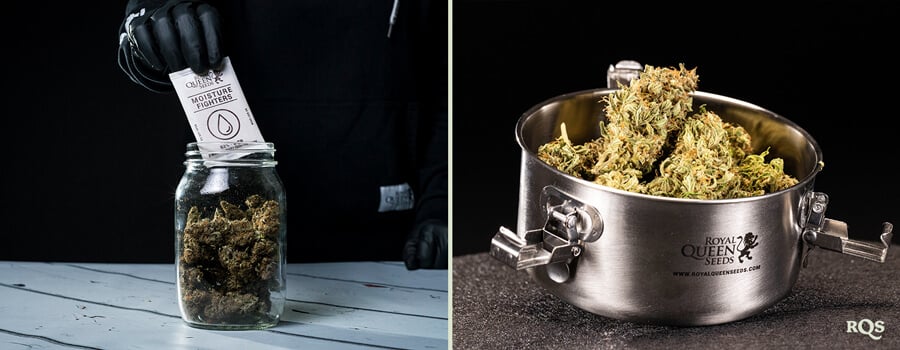 Två metoder för att förvara cannabis. Till vänster en lufttät glasburk med fuktregulator, till höger en metallbehållare med cannabisblommor från Royal Queen Seeds.